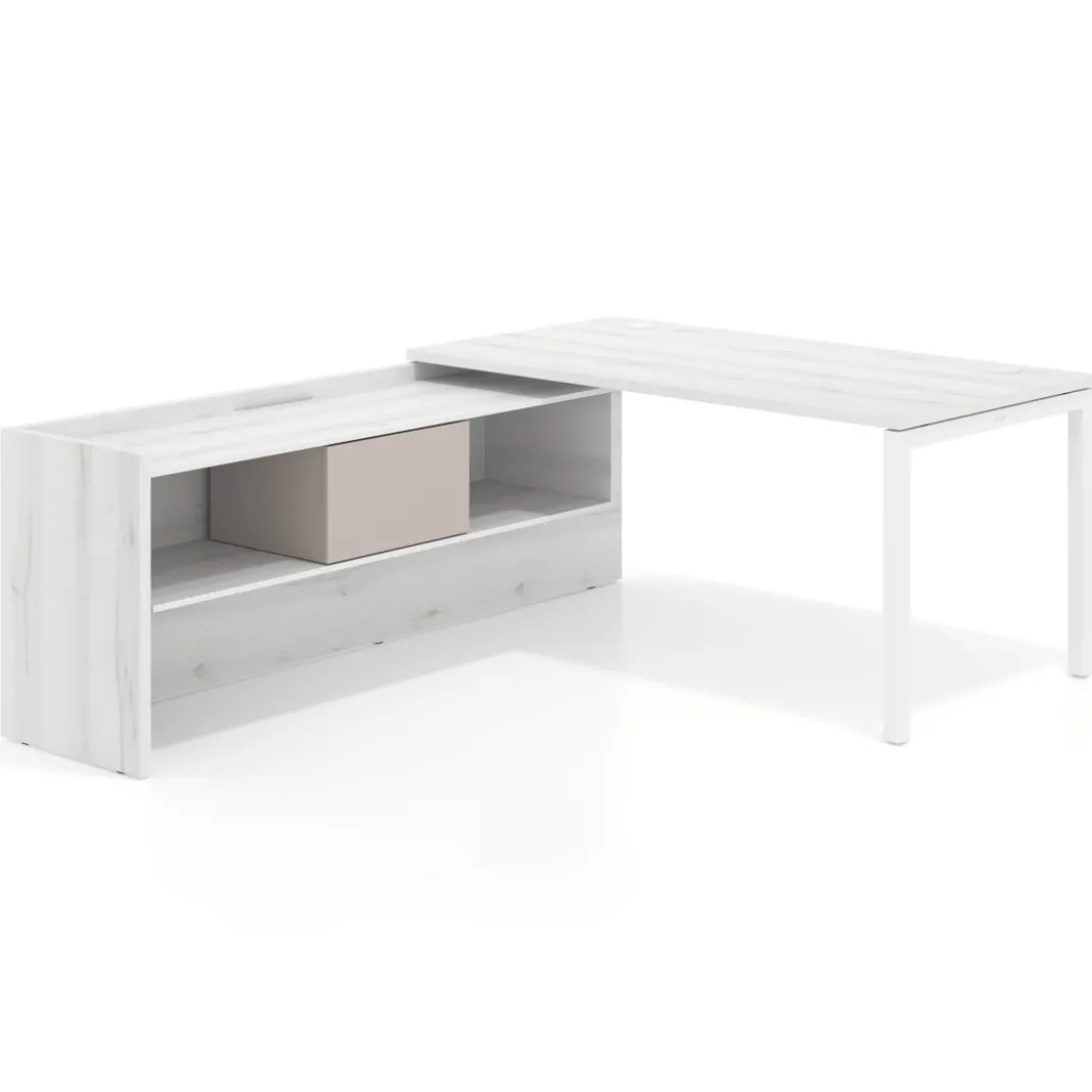 Mesa de despacho en L Kube fondo 80cm con ala+cajones WorkPlus estructura blanco