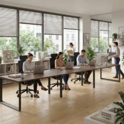 Mesa de despacho progresiva Delta triple, fondo 100cm, estructura negra