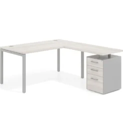 Mesa de dirección en L con cajones Kube, fondo 100, frontales melamina, estructura aluminio