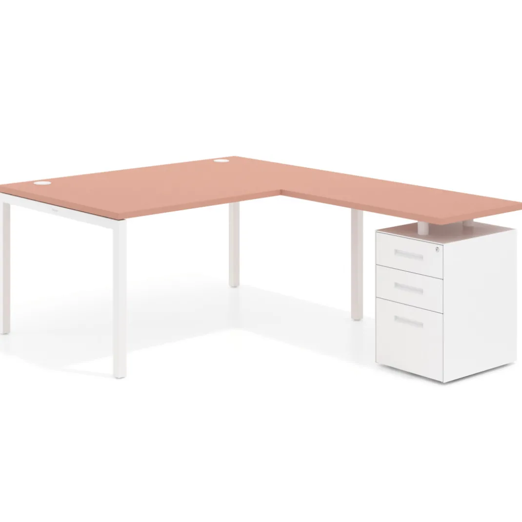 Mesa de dirección en L con cajones Kube, fondo 100, frontales metal, estructura blanca