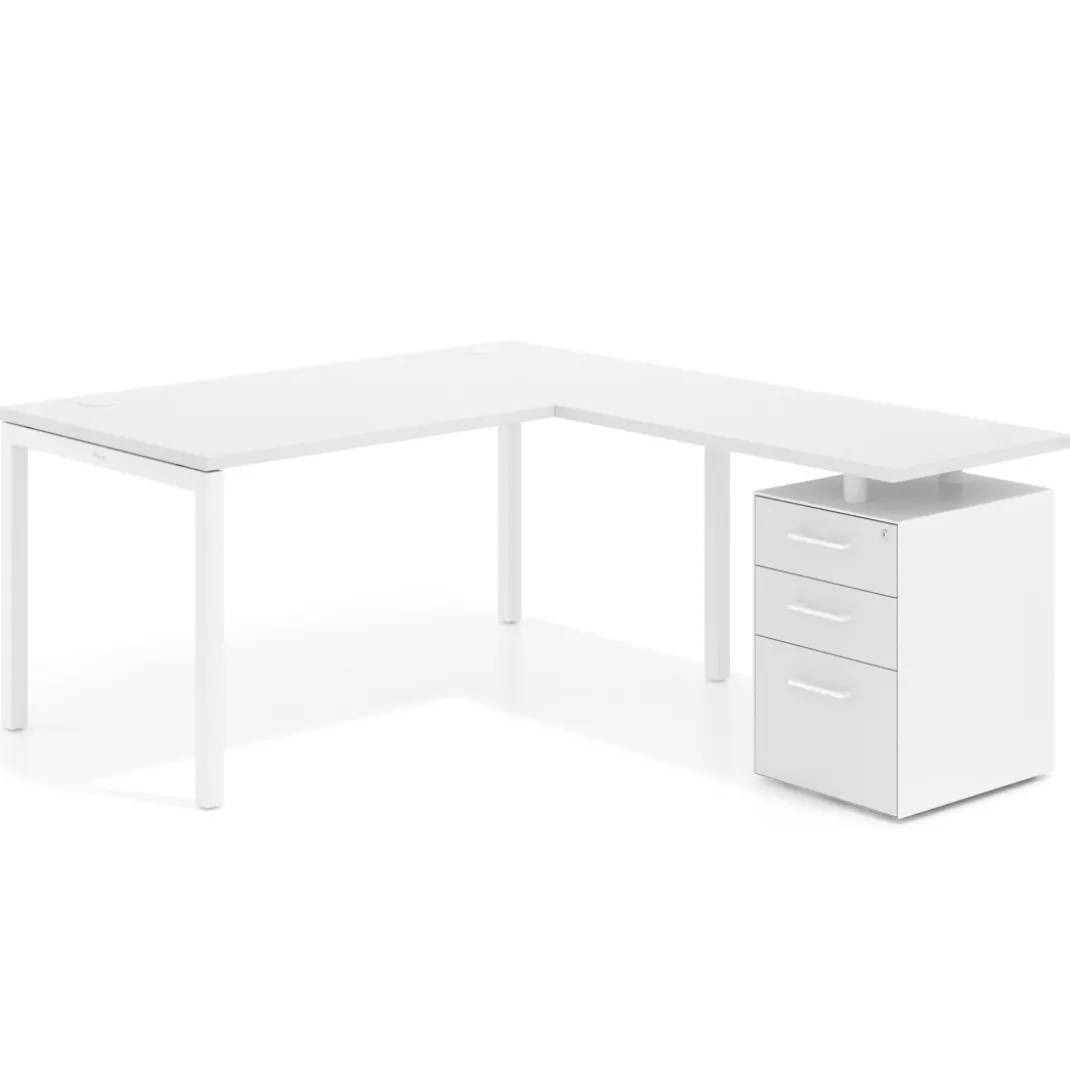 Mesa de dirección en L con cajones Kube, fondo 100, frontales melamina, estructura blanca
