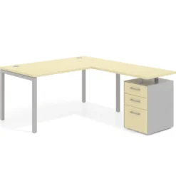 Mesa de dirección en L con cajones Kube, fondo 100, frontales melamina, estructura aluminio