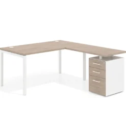 Mesa de dirección en L con cajones Kube, fondo 100, frontales melamina, estructura blanca