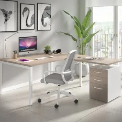 Mesa de dirección en L con cajones Kube, fondo 100, frontales melamina, estructura blanca