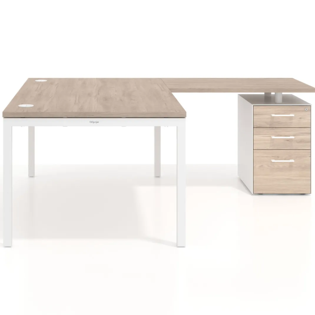 Mesa de dirección en L con cajones Kube, fondo 100, frontales melamina, estructura blanca