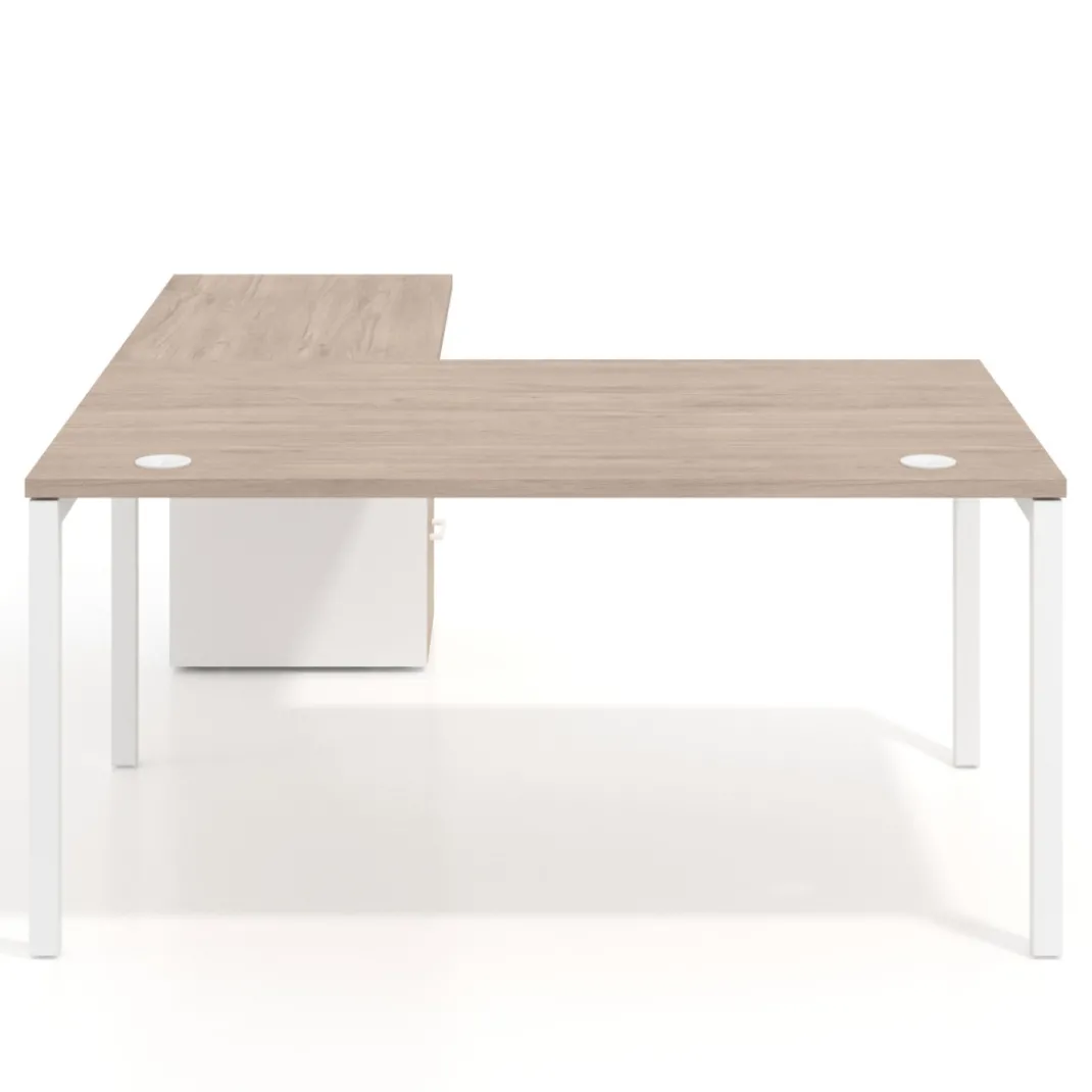 Mesa de dirección en L con cajones Kube, fondo 100, frontales melamina, estructura blanca