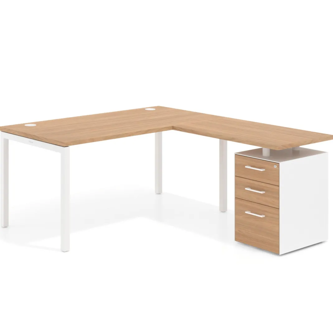 Mesa de dirección en L con cajones Kube, fondo 100, frontales melamina, estructura blanca