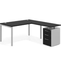 Mesa de dirección en L con cajones Kube, fondo 100, frontales melamina, estructura aluminio