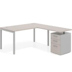Mesa de dirección en L con cajones Kube, fondo 100, frontales melamina, estructura aluminio