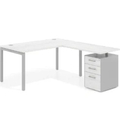 Mesa de dirección en L con cajones Kube, fondo 100, frontales melamina, estructura aluminio