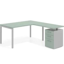 Mesa de dirección en L con cajones Kube, fondo 100, frontales melamina, estructura aluminio