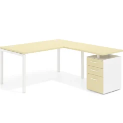Mesa de dirección en L con cajones Kube, fondo 100, frontales melamina, estructura blanca