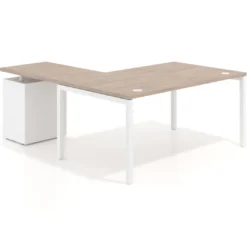 Mesa de dirección en L con cajones Kube, fondo 100, frontales melamina, estructura blanca