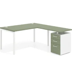 Mesa de dirección en L con cajones Kube, fondo 100, frontales melamina, estructura blanca