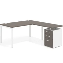 Mesa de dirección en L con cajones Kube, fondo 100, frontales melamina, estructura blanca