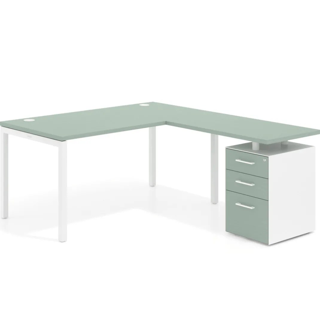 Mesa de dirección en L con cajones Kube, fondo 100, frontales melamina, estructura blanca