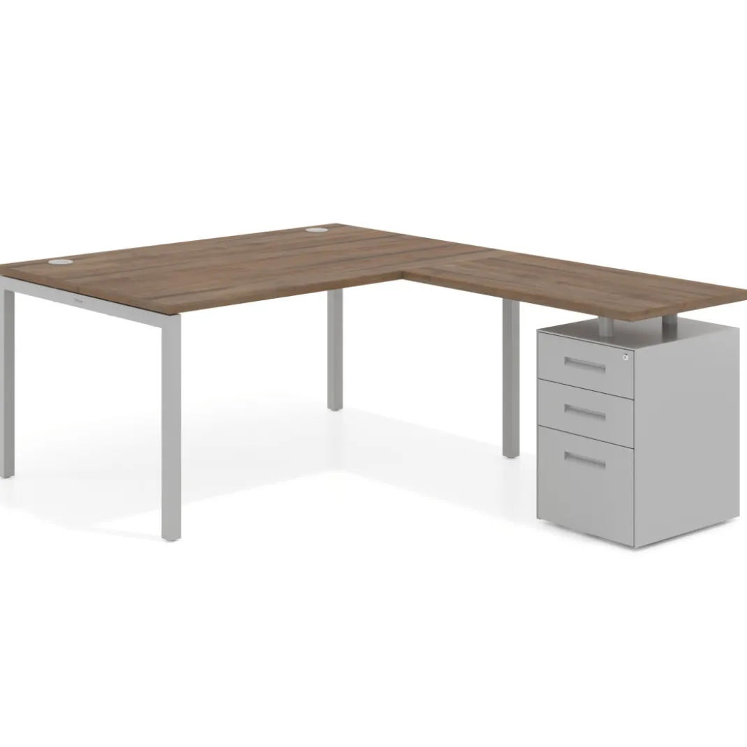 Mesa de dirección en L con cajones Kube, fondo 100, frontales metal, estructura aluminio