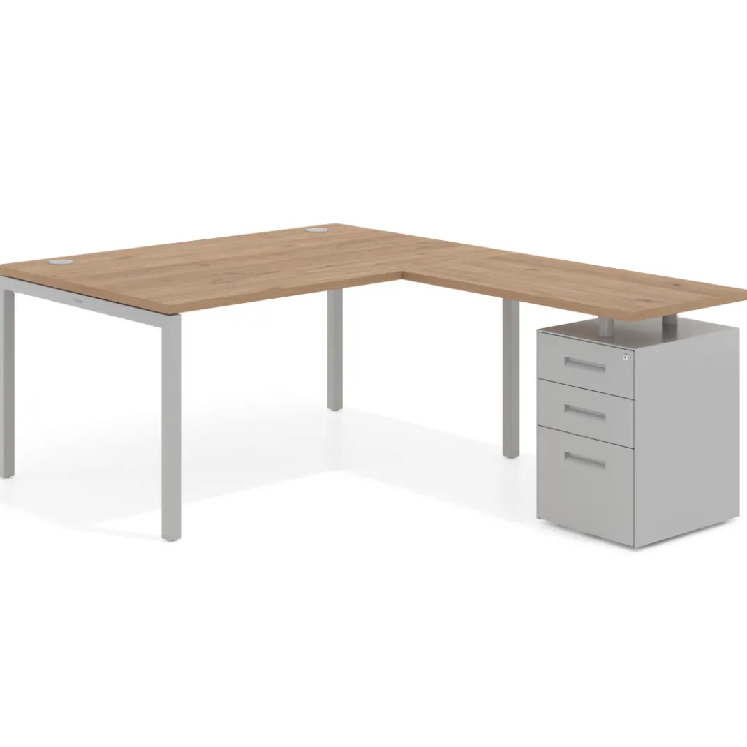 Mesa de dirección en L con cajones Kube, fondo 100, frontales metal, estructura aluminio