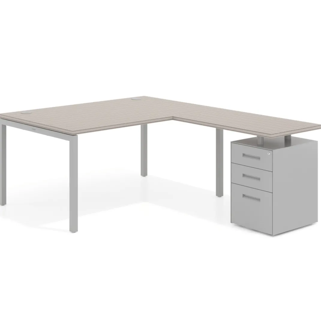 Mesa de dirección en L con cajones Kube, fondo 100, frontales metal, estructura aluminio