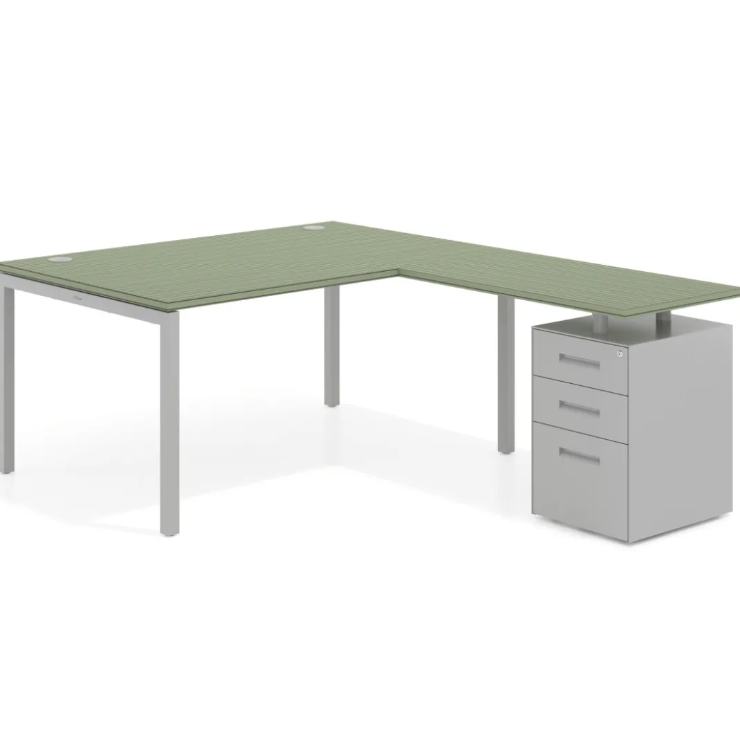 Mesa de dirección en L con cajones Kube, fondo 100, frontales metal, estructura aluminio