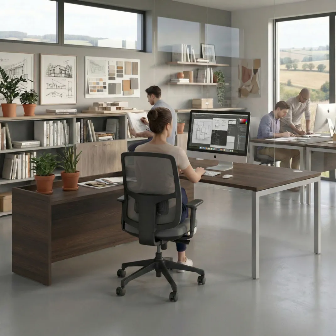 Mesa de dirección en L Kube fondo 100cm con ala WorkPlus estructura aluminio