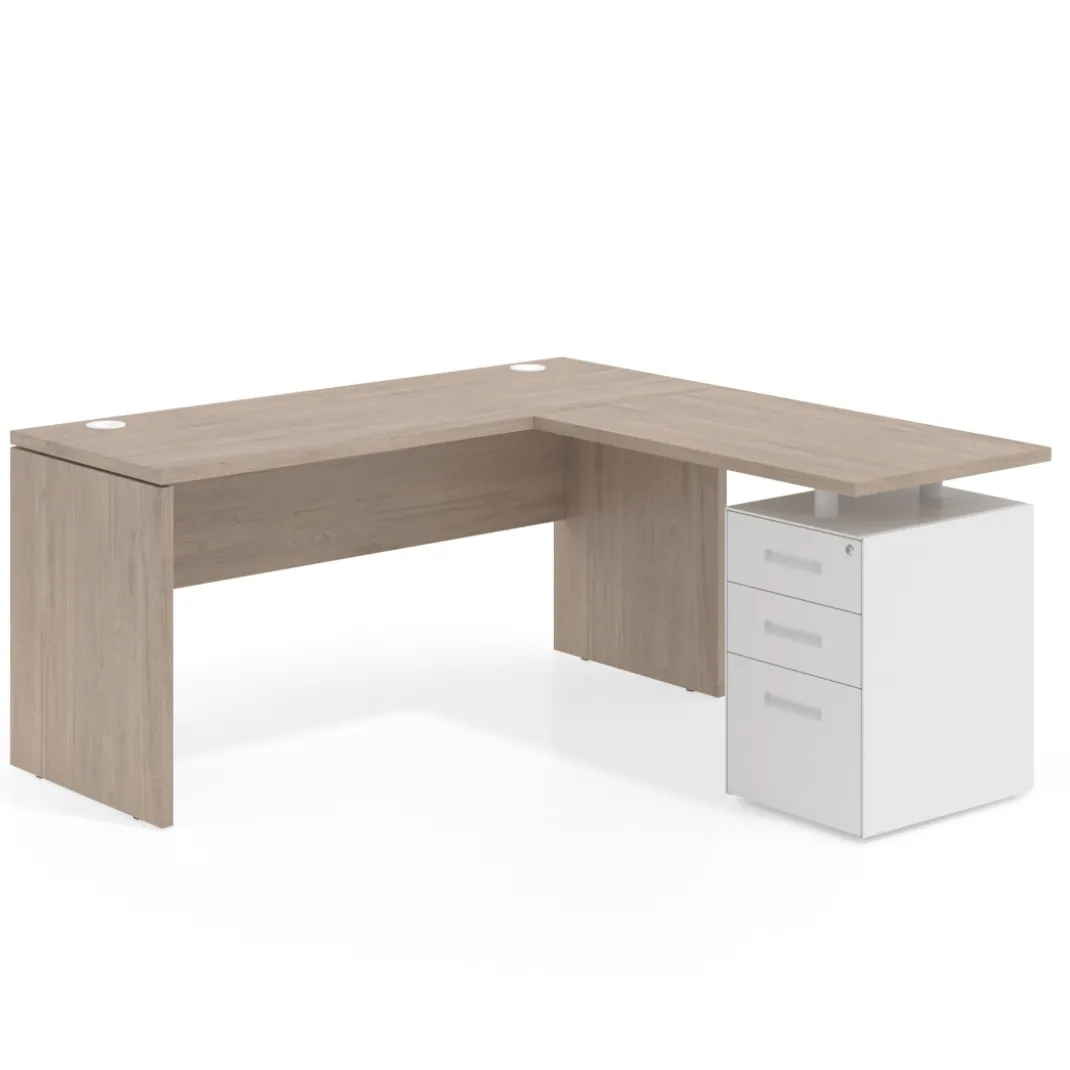 Mesa de Escritorio con cajones en L Work Plus fondo 60, frontales de metal diseño monocolor