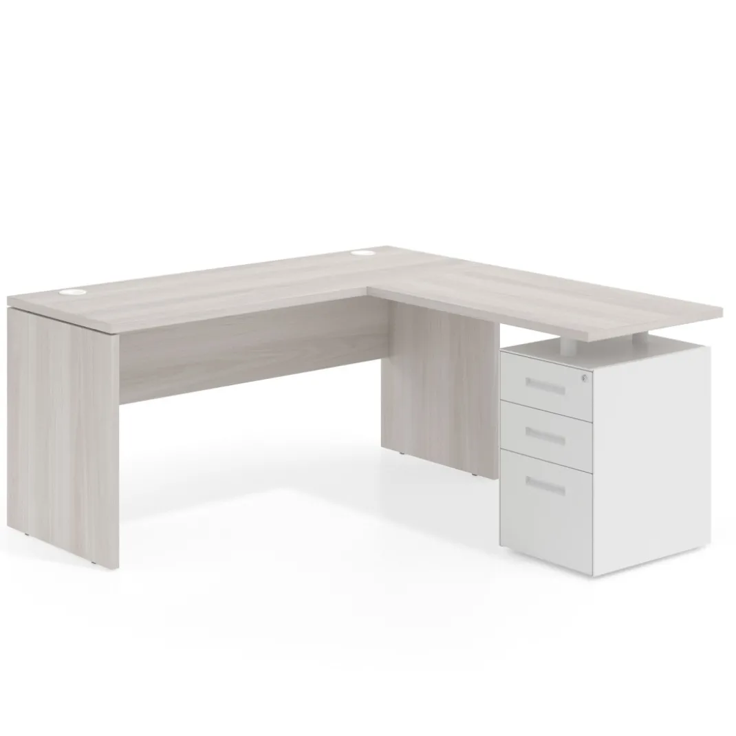 Mesa de Escritorio con cajones en L Work Plus fondo 60, frontales de metal diseño monocolor