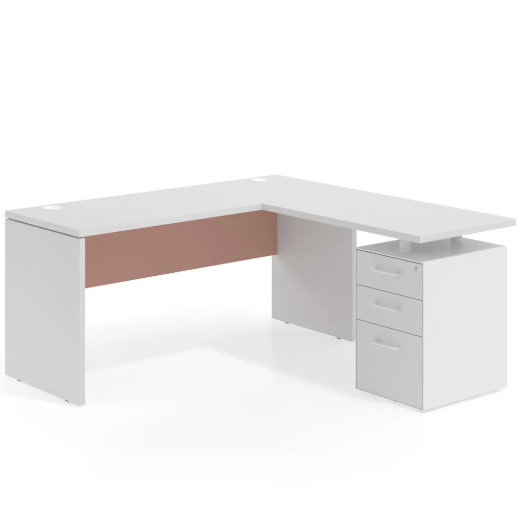 Mesa de Escritorio con cajones en L Work Plus fondo 60, frontales melamina estructura blanco mate