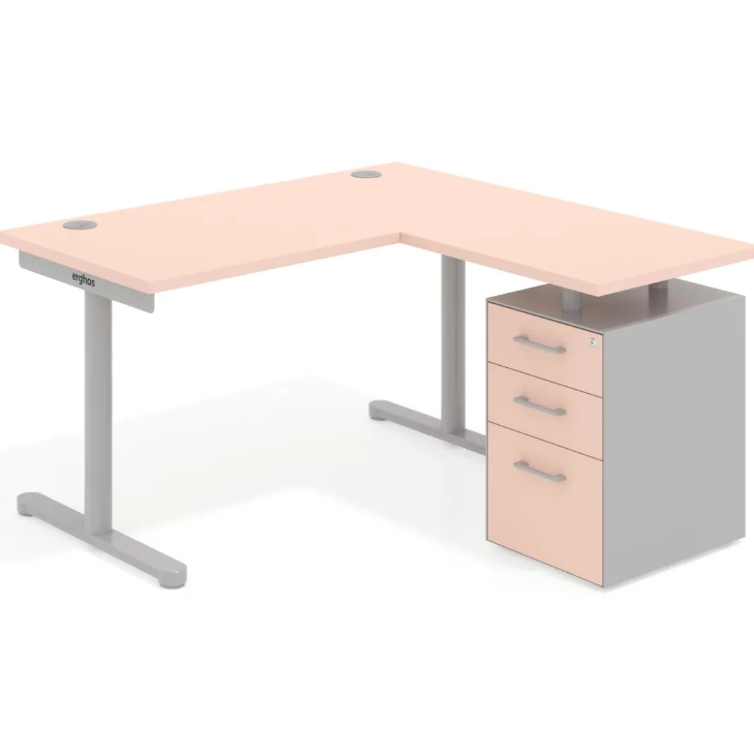 Mesa de Escritorio con cajones, fondo 68cm, estructura aluminio, ala corta, pedestal melamina