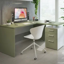Mesa de Escritorio con cajones en L Work Plus, ala corta, fondo 60, frontales melamina diseño bicolor