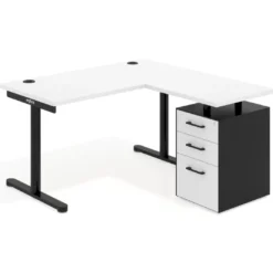 Mesa de Escritorio con cajones, fondo 68cm, estructura negra, ala corta, pedestal melamina