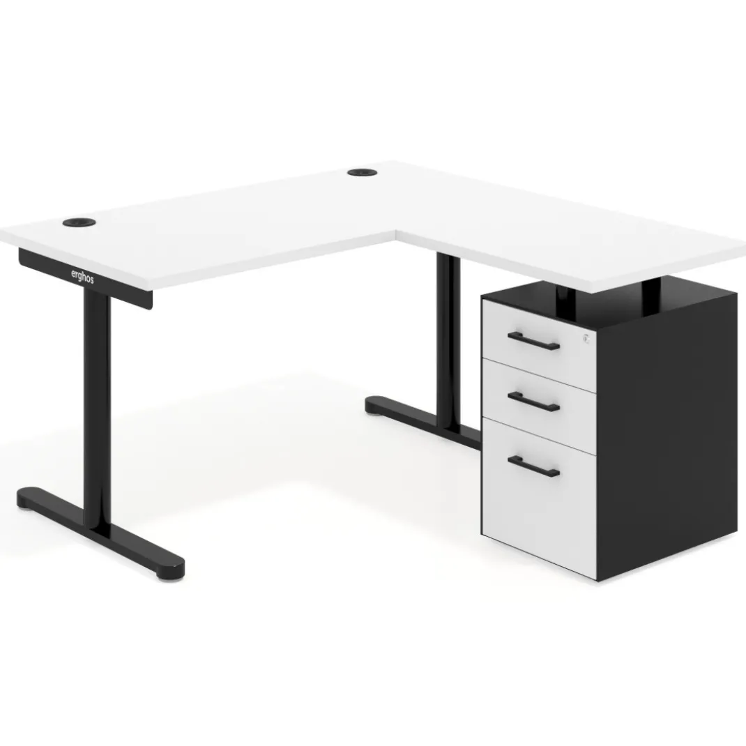 Mesa de Escritorio con cajones, fondo 68cm, estructura negra, ala corta, pedestal melamina