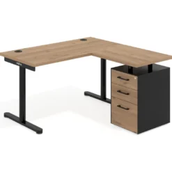 Mesa de Escritorio con cajones, fondo 68cm, estructura negra, ala corta, pedestal melamina