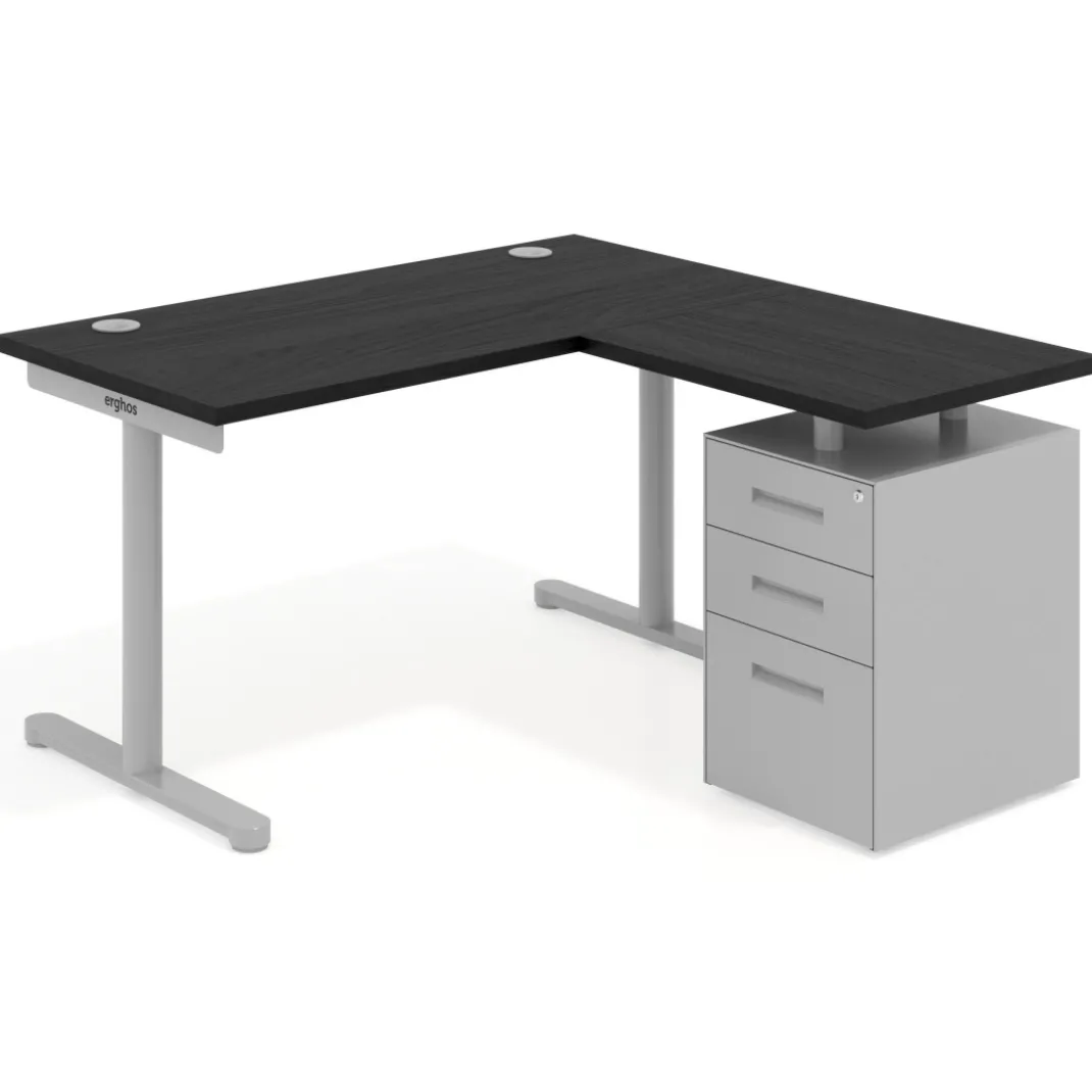Mesa de Escritorio con cajones, fondo 68cm, estructura aluminio, ala corta, pedestal metálico