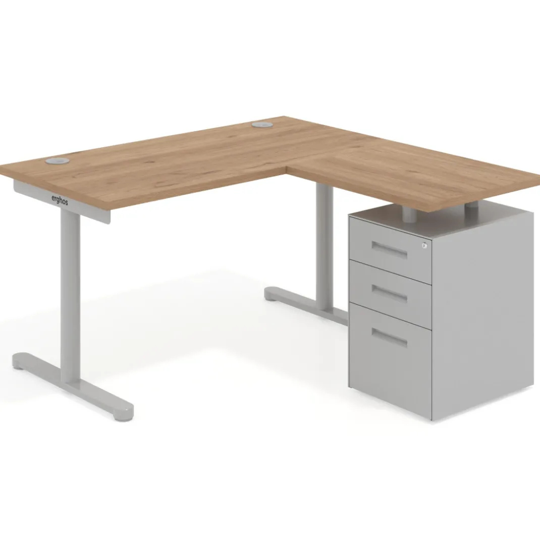 Mesa de Escritorio con cajones, fondo 68cm, estructura aluminio, ala corta, pedestal metálico