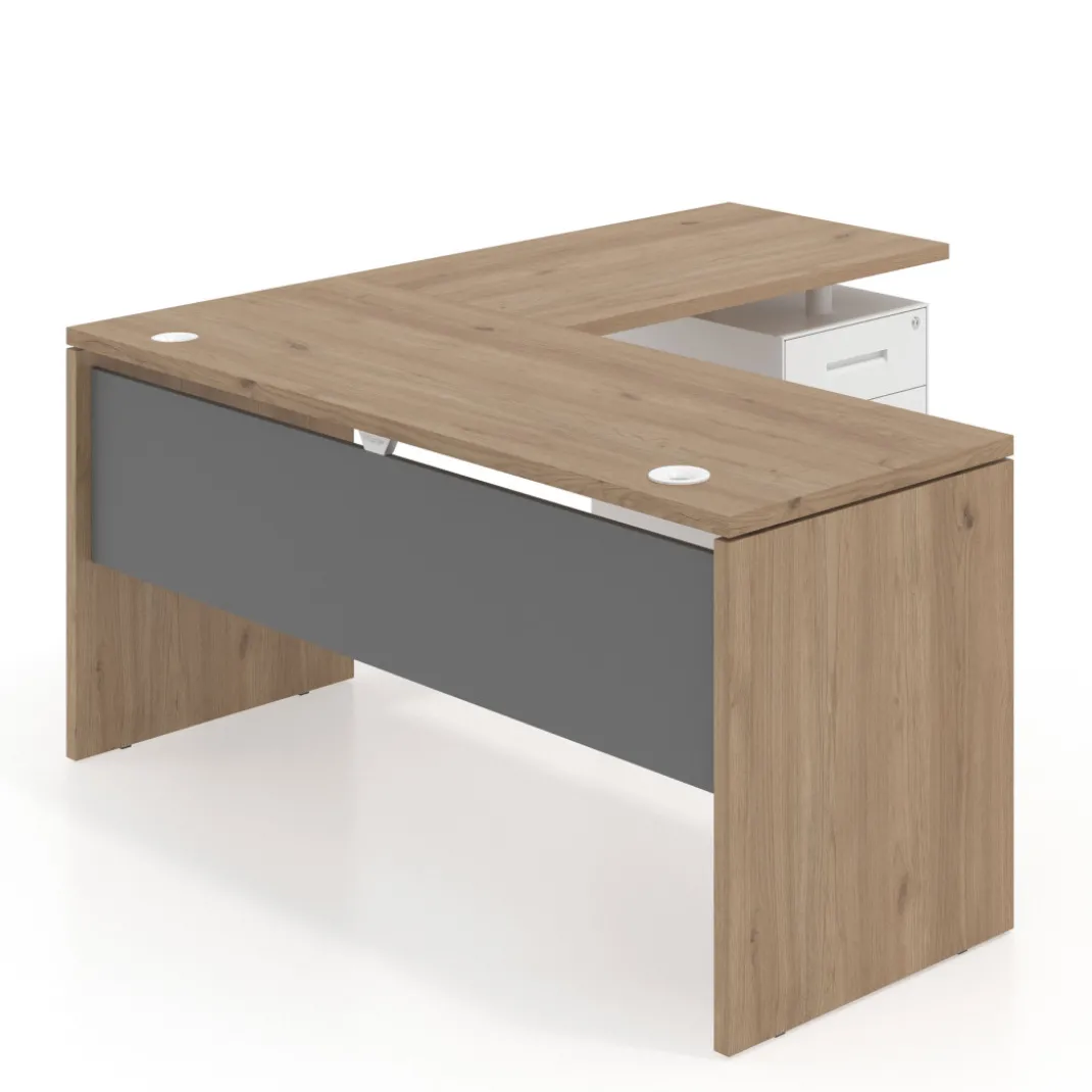 Mesa de Escritorio con cajones en L Work Plus fondo 60, frontales de metal estructura naturale