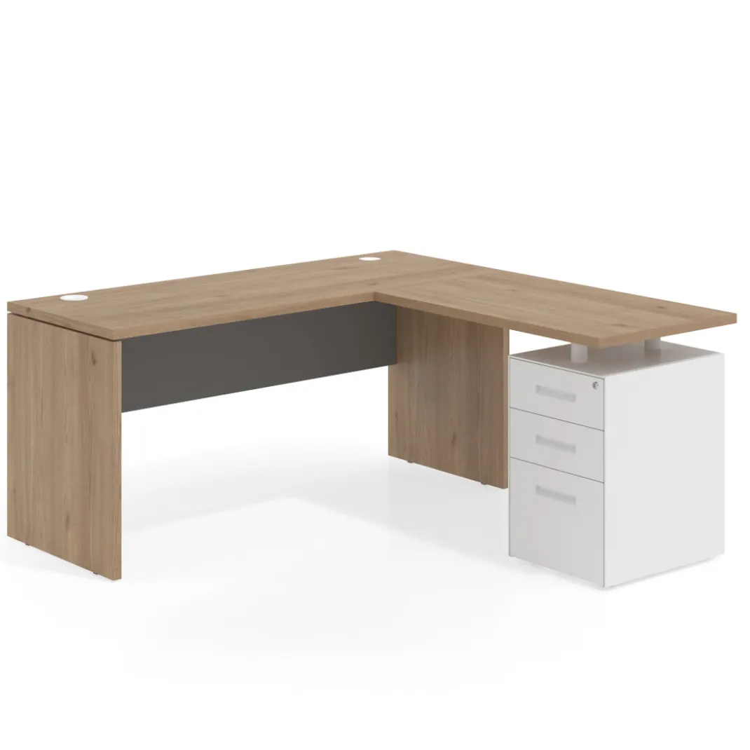 Mesa de Escritorio con cajones en L Work Plus fondo 60, frontales de metal estructura naturale