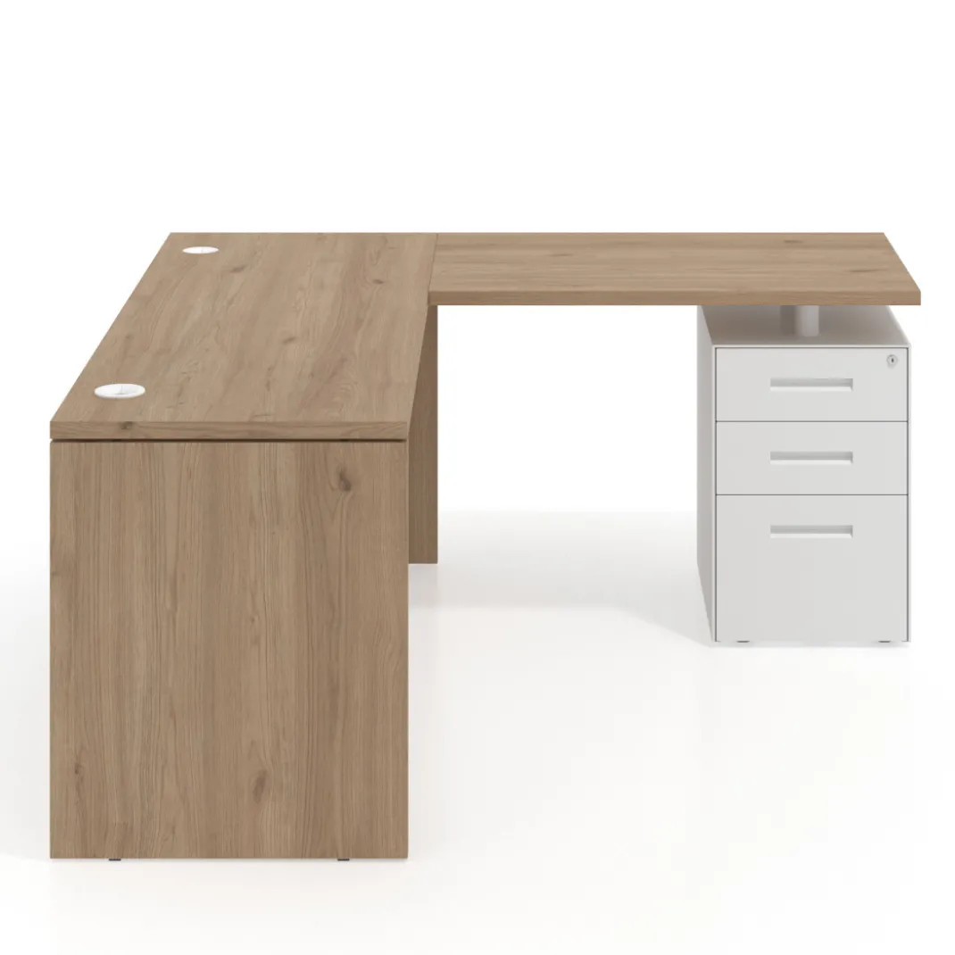 Mesa de Escritorio con cajones en L Work Plus fondo 60, frontales de metal estructura naturale