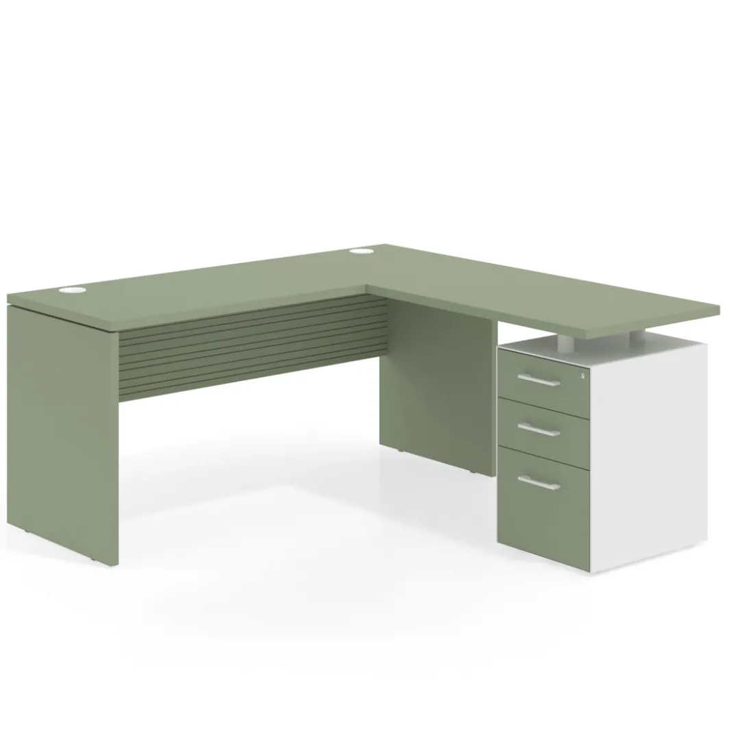 Mesa de Escritorio con cajones en L Work Plus fondo 60, frontales melamina diseño rayado