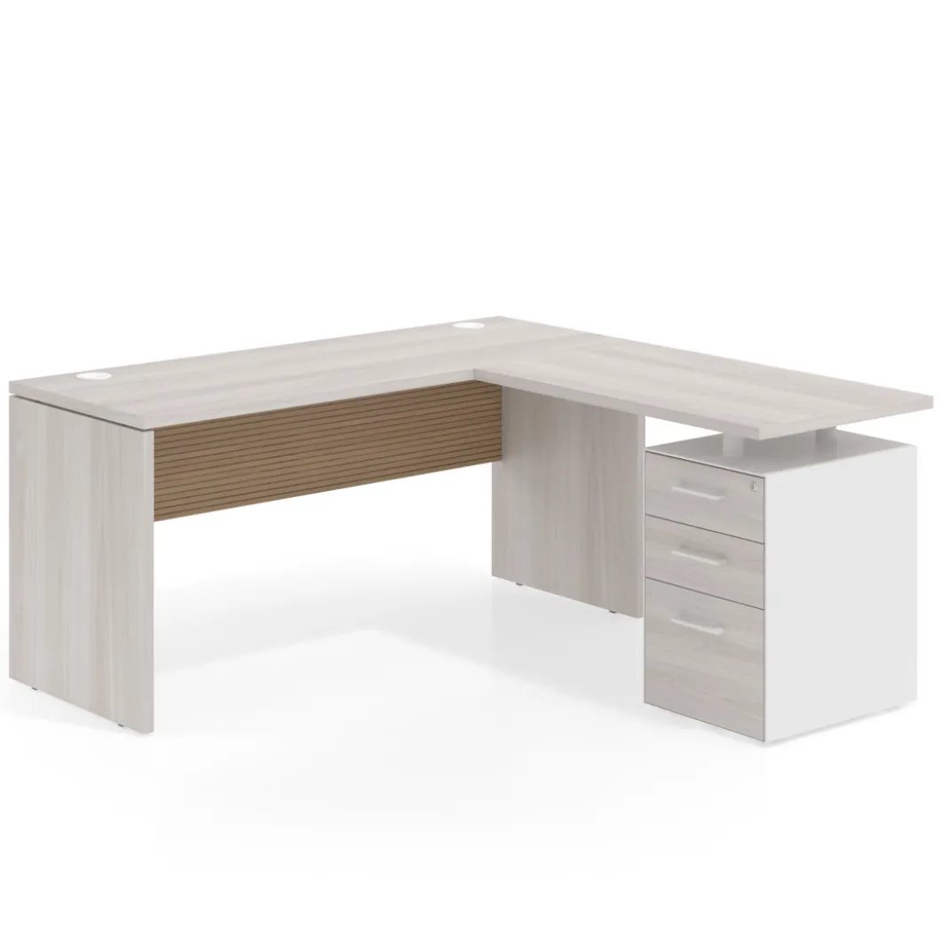 Mesa de Escritorio con cajones en L Work Plus fondo 60, frontales melamina diseño rayado