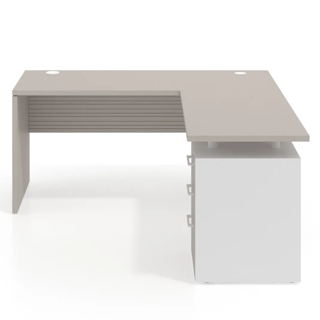Mesa de Escritorio con cajones en L Work Plus fondo 60, frontales melamina diseño rayado