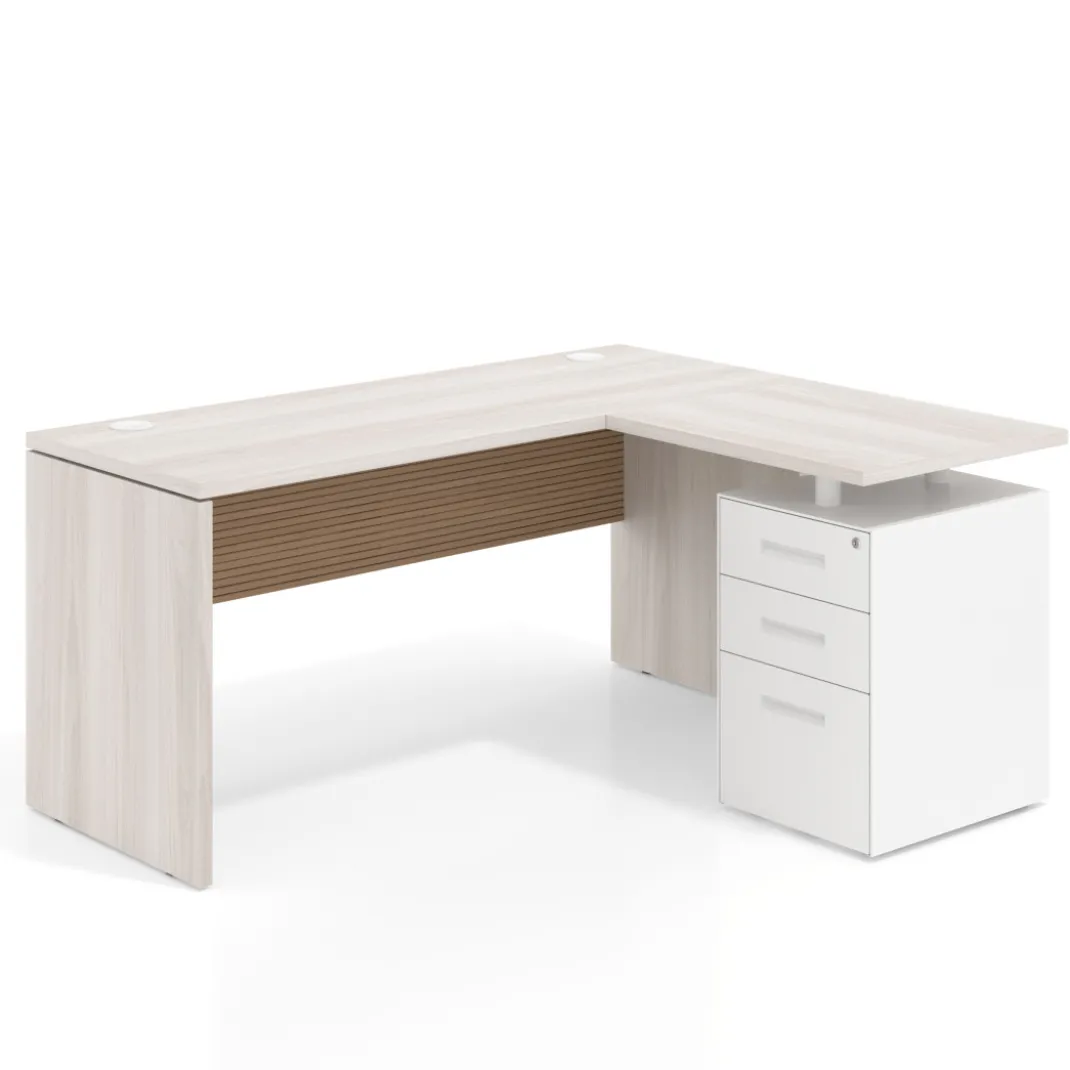 Mesa de Escritorio con cajones en L Work Plus, ala corta, fondo 60, frontales de metal diseño rayado