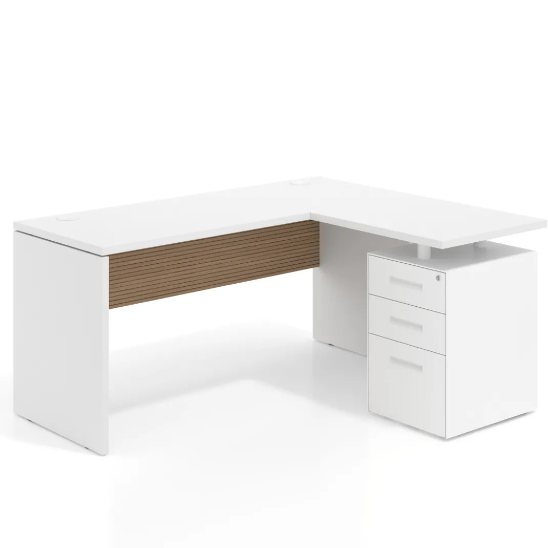 Mesa de Escritorio con cajones en L Work Plus, ala corta, fondo 60, frontales de metal diseño rayado