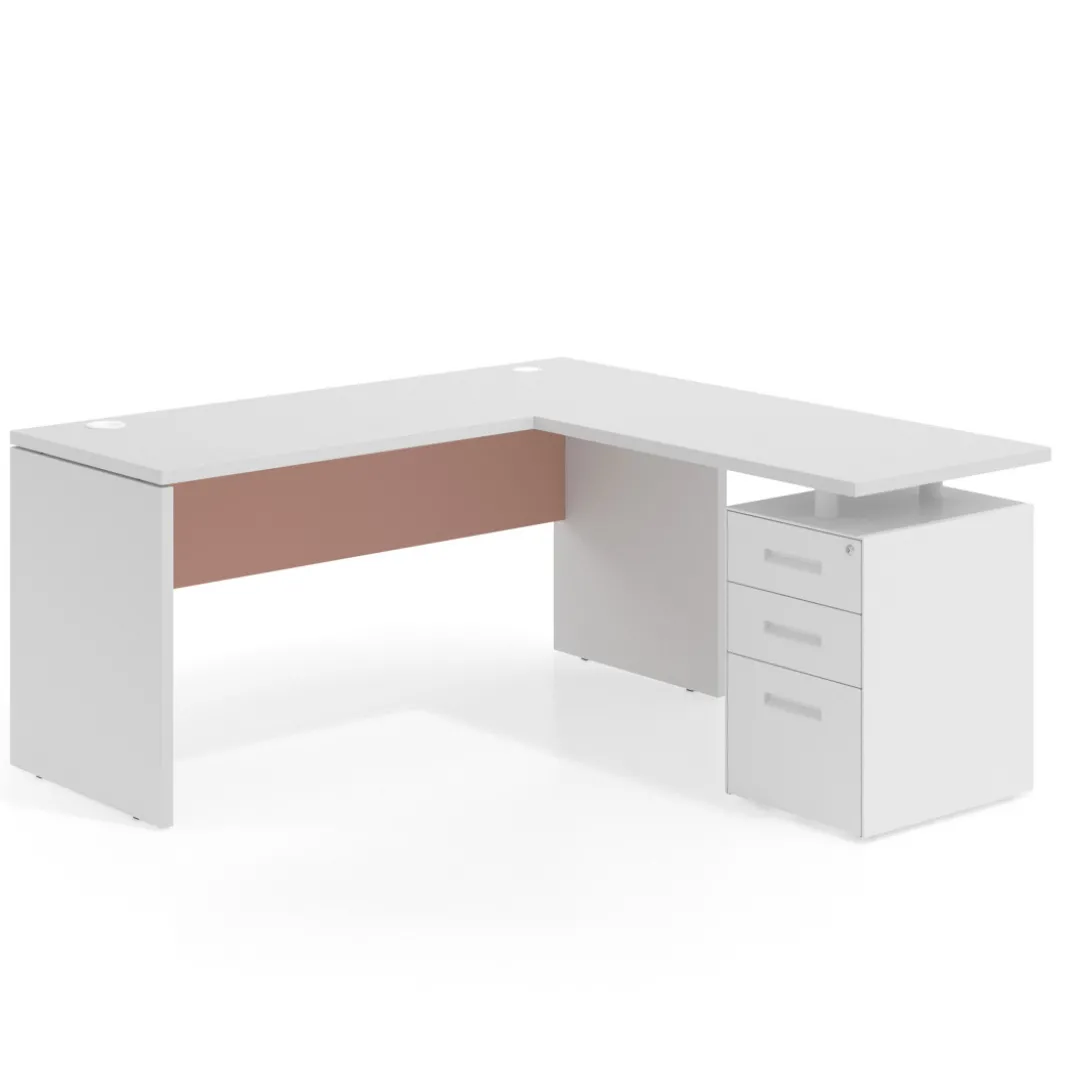 Mesa de Escritorio con cajones en L Work Plus fondo 60, frontales de metal estructura blanco mate