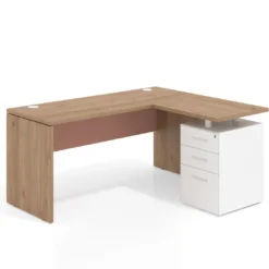 Mesa de Escritorio con cajones en L Work Plus, ala corta, fondo 60, frontales de metal estructura naturale