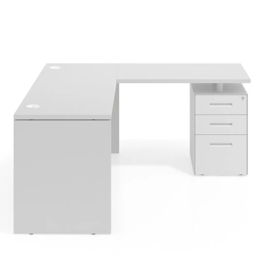 Mesa de Escritorio con cajones en L Work Plus fondo 60, frontales de metal estructura blanco mate