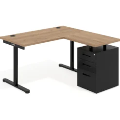 Mesa de Escritorio con cajones, fondo 68cm, estructura negra, ala corta, pedestal metálico