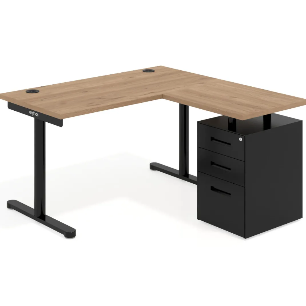 Mesa de Escritorio con cajones, fondo 68cm, estructura negra, ala corta, pedestal metálico
