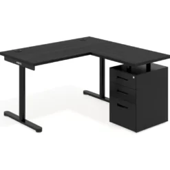 Mesa de Escritorio con cajones, fondo 68cm, estructura negra, ala corta, pedestal metálico