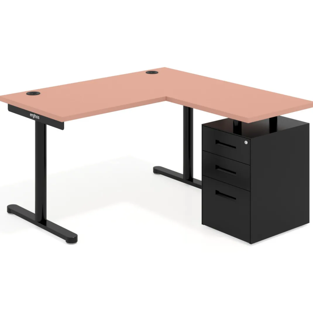 Mesa de Escritorio con cajones, fondo 68cm, estructura negra, ala corta, pedestal metálico